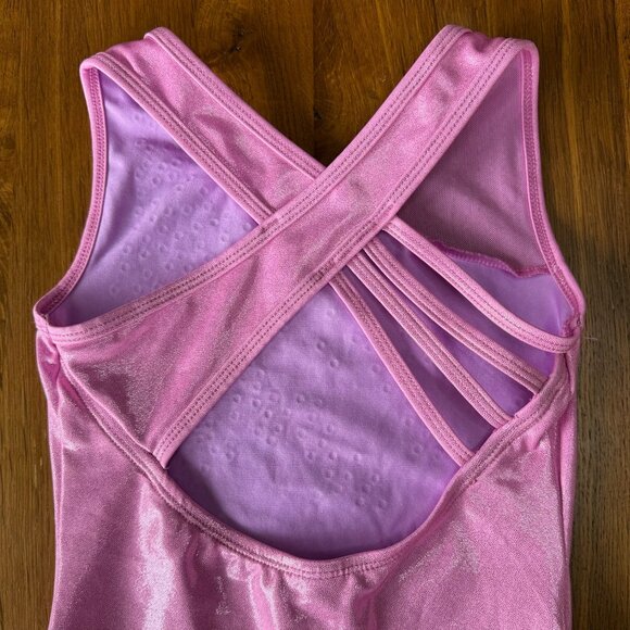 CAT & JACK Pink Gymnastics Leotard Girls S 6/6X Cross Back Rhinestones Mesh Leo - Picture 4 of 5